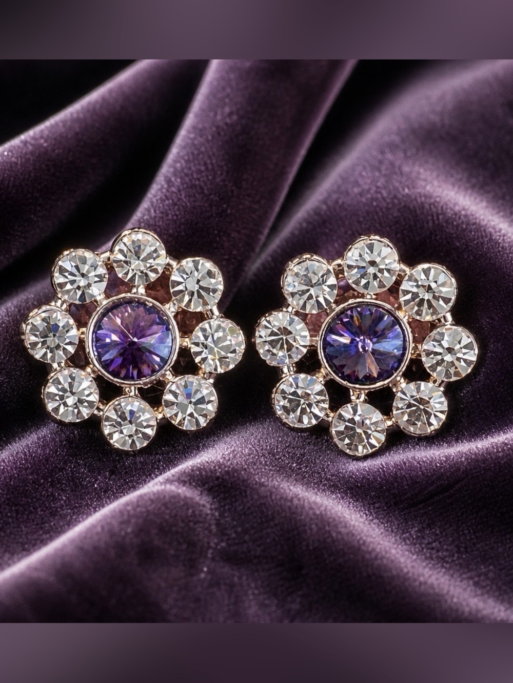 Flower Design Rhinestone Earrings in Clear & Purple for Pierced Ears